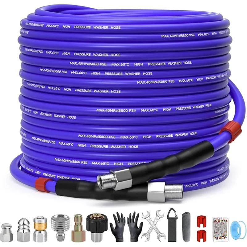 100FT Sewer Jetter Kit for Pressure Washer 1/4"NPT Drain Cleaner Hose 5800PSI Corner Rotating and Button Hose Sewer Jetting Nozzle Pearl Corsage Pin Tape Handle Strap Spanner