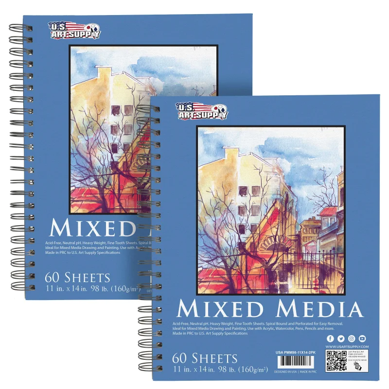 11"x14" Mixed Media Sketchbook, 2 Pack (60 Sheets), 98 lb (160 gsm) - Spiral-Bound Pad with Perforated Acid-Free Paper - Artist Sketch Book For Drawing, Painting, Watercolor