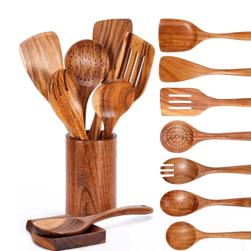11pcs Wooden Utensil Set with Holder & Rest