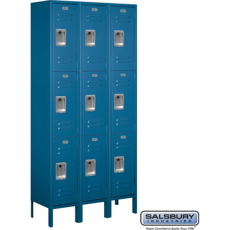 12" Wide Triple Tier Standard Metal Locker - 3 Wide - 6 Feet High - 12" Deep by Salsbury Blue