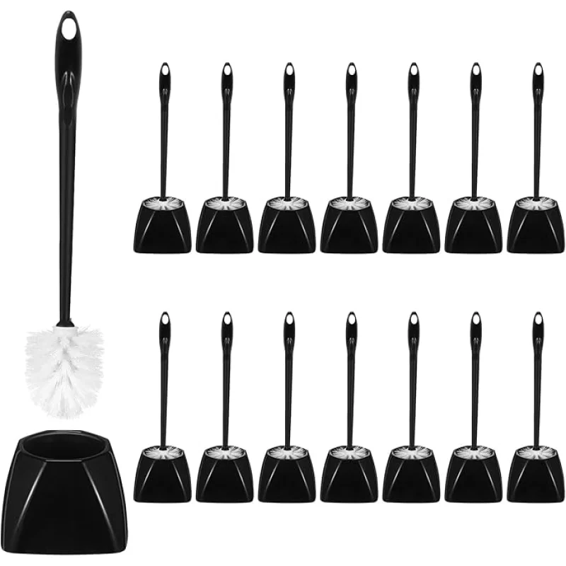 15 Sets Toilet Holder and Brush Set 16.14 Inch Toilet Bowl Cleaner Brush with Caddy Bathroom Scrub Plastic Scrubber with Long Handle for Bathroom Cleaning, Easy to Assemble(Black)