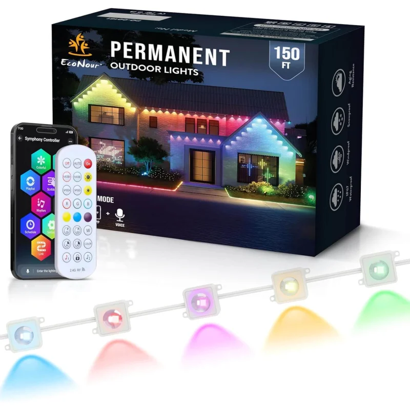 150 FT Smart RGB Permanent Outdoor Lights | EcoNour Waterproof LED Eaves Light with App, Remote & Music Sync