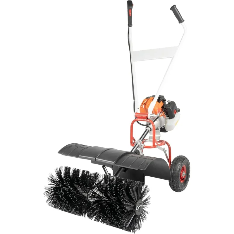 2-Stroke 52CC Walk Behind Power Sweeper Broom, 2.5HP Fuel Engine Sweepers Snowplow Broom Driveway Lawns Artificial Grass Power Brush Lawn Sweeper Cleaner Tools Air-Cooled for Street Farms