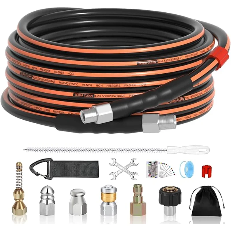 25FT Sewer Jetter Kit for Pressure Washer, 1/4" NPT Corner Drain Cleaner Hose 5800 PSI with Sewer Jetting Nozzles, Pearl Corsage Pin, Waterproof Tape, Extension Cord Organizer&2 Spanner