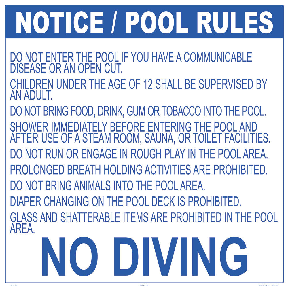 Wisconsin Pool Rules No Diving Pool Sign - 30 x 30 Inches on Heavy-Duty Aluminum