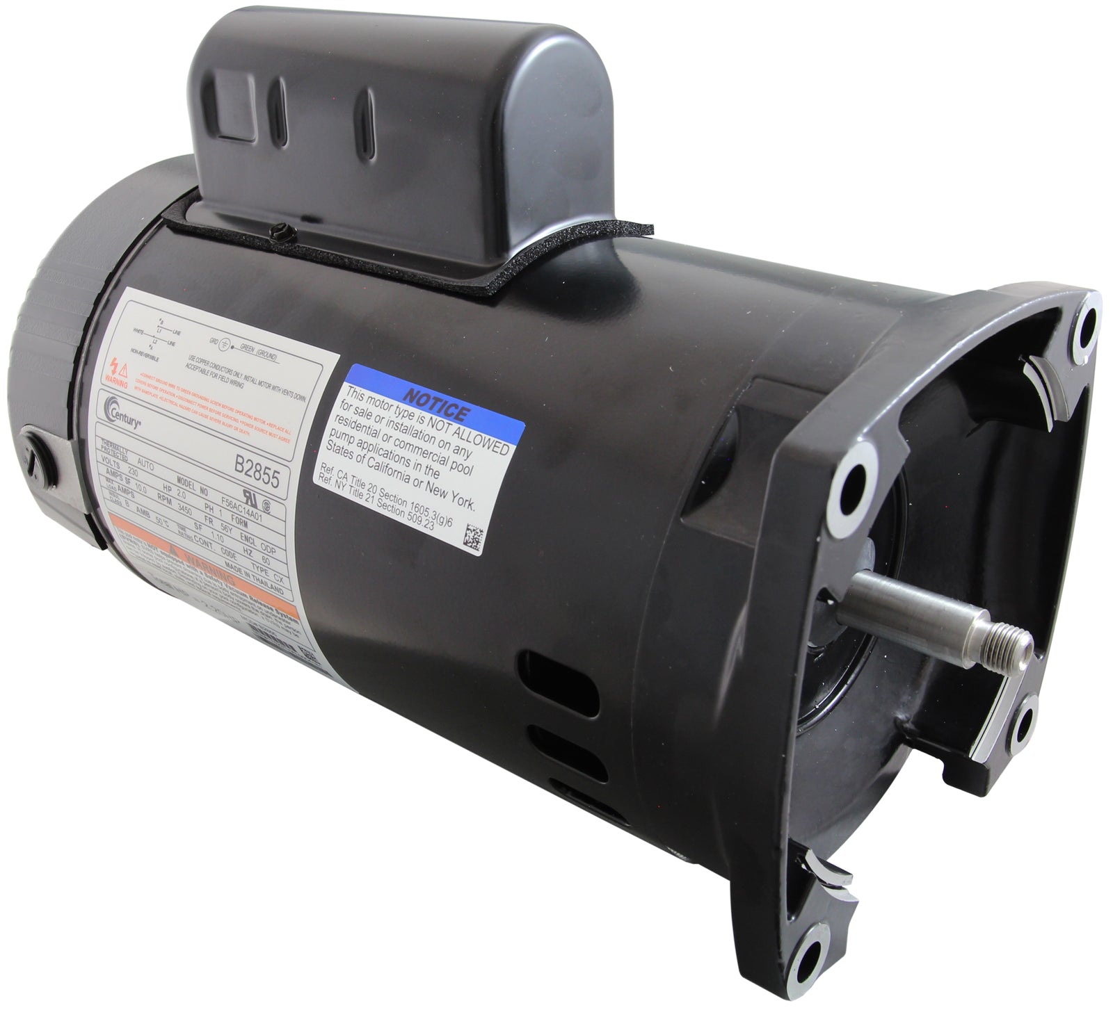 Motor, Century, 2.0hp, 230V, 1-Spd, 56YFr, SQFL, ODP