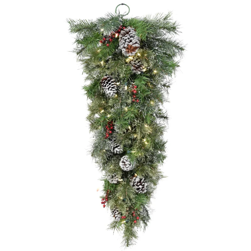 36" Mountain Ridge Tear Drop Swag With Cones, Red Berries & Snowflakes