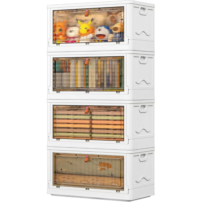 4 Tier Storage Bins with Lids 102QT, Stackable Storage Containers with Wheels, Folding Boxes, Extra Large Collapsible Bins, White