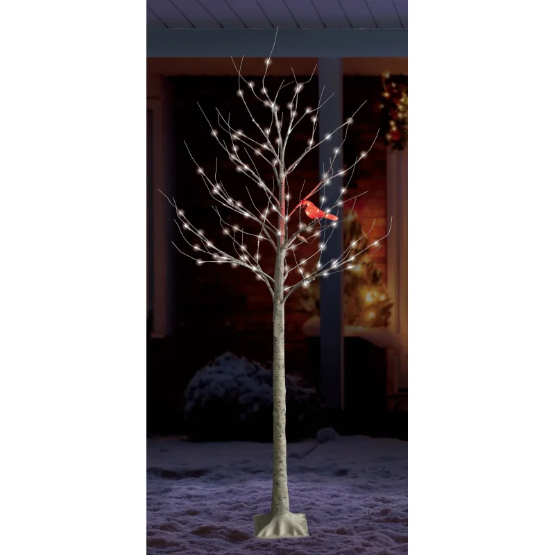 6' Twinkling LED Birch Tree with LED Cardinal