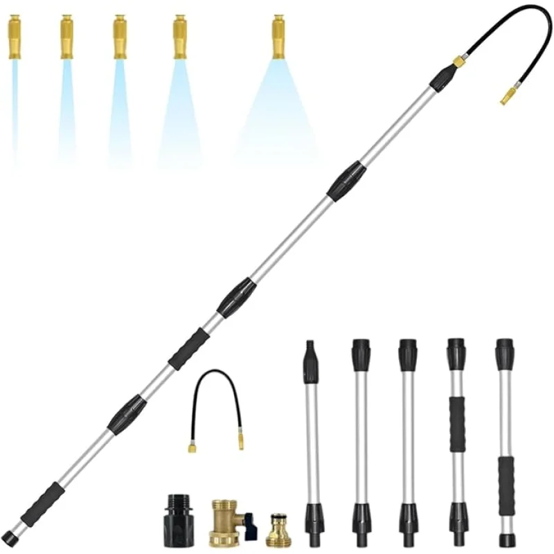 8FT/2.4M Gutter Cleaner Tool from Ground, Extendable Gutter Cleaning Wand with 5 Spray Patterns, Fits All Standard Garden Hoses, also for Garden Watering, Car Washing