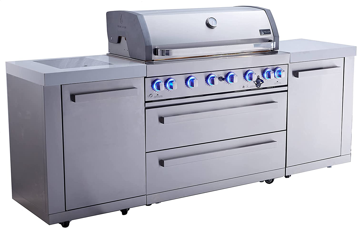 Mont Alpi 44" 6-Burner 115,000 BTW Stainless Steel Gas Outdoor Kitchen Grill with Infrared Side & Rear Burners, Granite Countertops, Storage Cabinets and Drawers