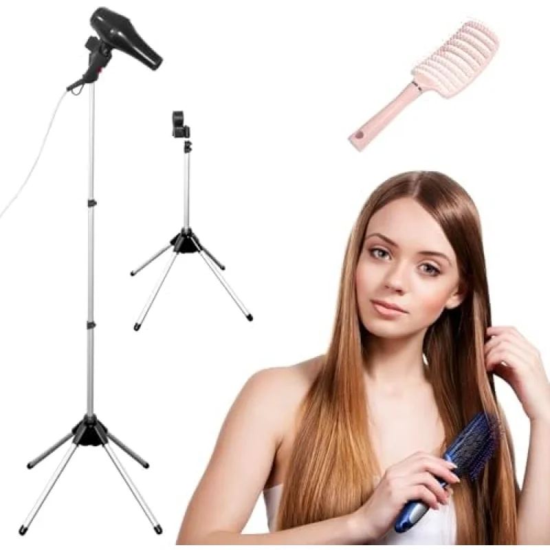 Adjustable Hands-Free Hair Dryer Stand Holder 360 Degree Rotation,Blow Dryer Holder Countertop With Non-Slip Tripod and Universal Clip