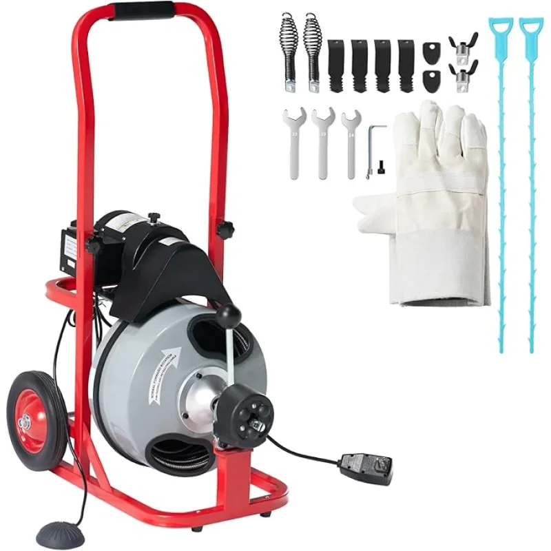 Albott 100 FT x 1/2 inch Electric Drain Cleaner Machine with Auto-Feed & 10 Cutters, Sewer Snake Auger for 14 Inch Pipes, Foot Switch & Wheels, Ideal for Home & Commercial Use, Gray/Red