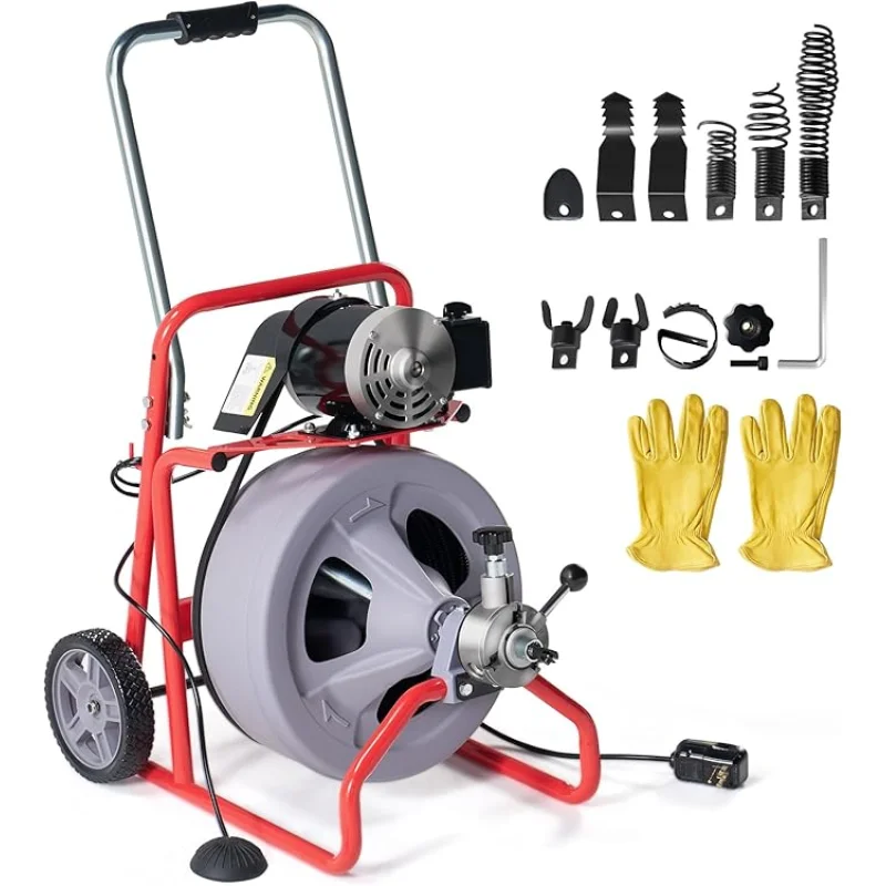Albott 75 FT x 1/2 inch Electric Drain Cleaner Machine with Auto-Feed & 9 Cutters, Sewer Snake Auger for 14 Inch Pipes, Foot Switch & Wheels, Ideal for Home & Commercial Use, Grey/Red