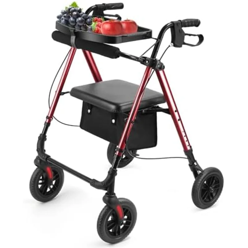 Amblisss Walkers for Seniors with Seat, Foldable Rollator Walker, 300 lbs Weight Capacity, 8" Wheels Dual Height Ajustable, Rolling Walker with Tray for All-Terrain (Red)