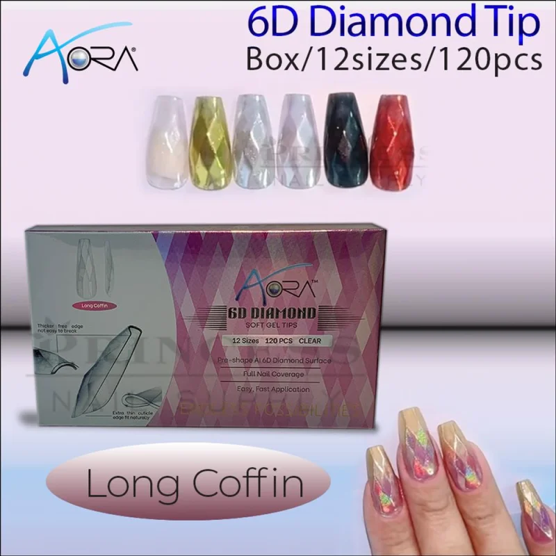 Aora 6D Diamond Tip Box / 12 Sizes / 120 Pieces - Long Coffin
