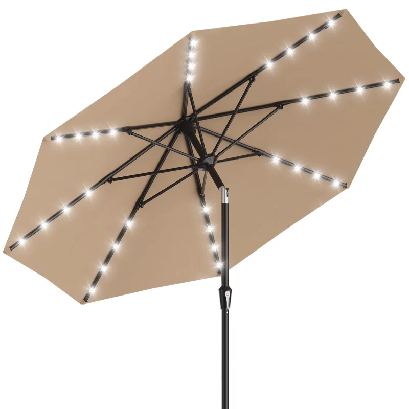 AreShark 9FT Patio Umbrella with Solar Lights, 32 Lighted Pool Umbrella w/Tilt and Crank, Outdoor Market Solar Umbrellas for Garden, Deck, Backyard, Pool and Beach, Beige