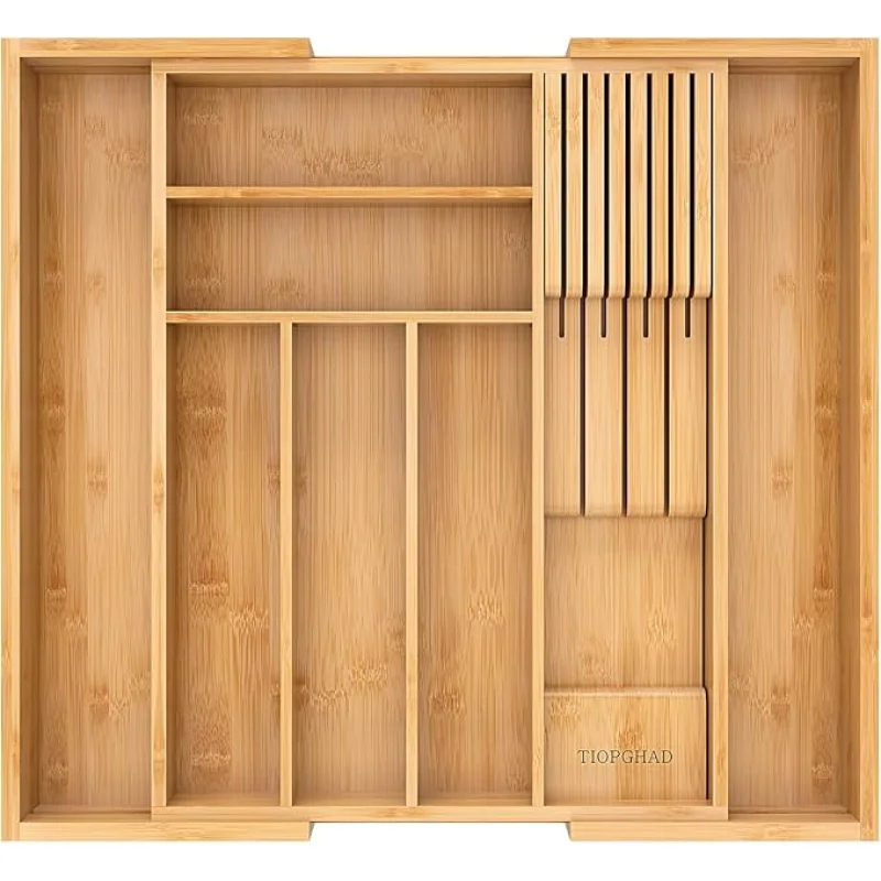 Bamboo-Silverware-Drawer-Organizer-Kitchen, Expandable Utensil Holder Cutlery Tray Flatware Organization Adjustable Wood Tableware Dividers Storage (with Removable Knife Block)(Natural)