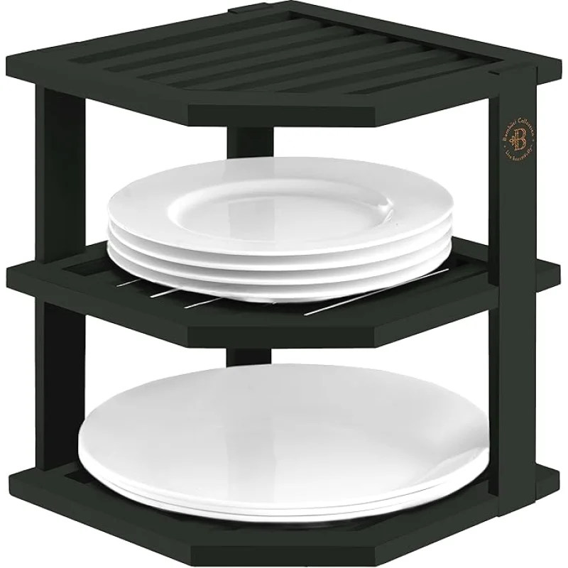 Bambsi Plate Organizer for Cabinet - Corner Cabinet Organizer and Kitchen Cabinet Organizer Shelf, Kitchen Countertop Organizer for Plates, Dishes and Bowls, Space Saving Corner Rack, Black