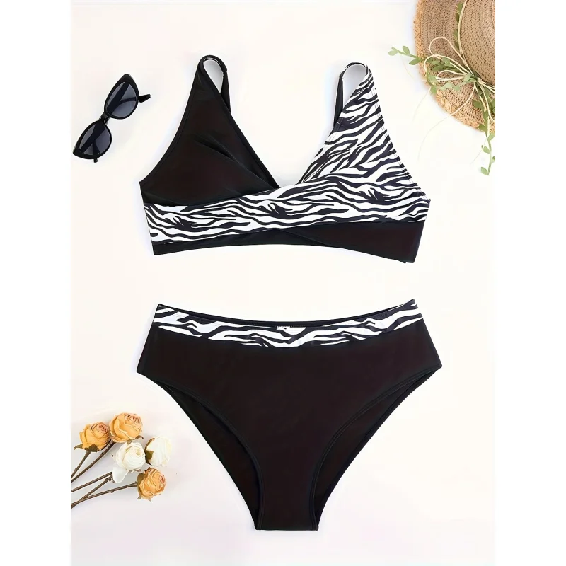 Bikini Set for Women Two Piece Swimsuit Print Sexy High Waisted Swimwear V Neck Cheeky Bathing Suit Black