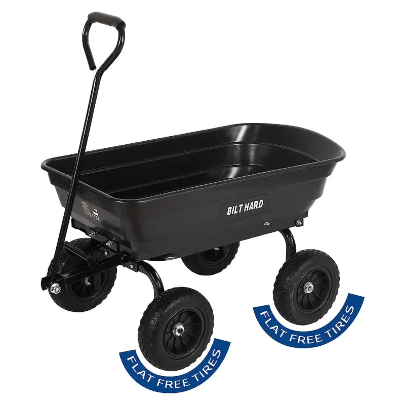 BILT HARD 4 Cu.Ft. 10" No-Flat Tires Poly Yard Dump Cart with 180 Rotating Handle, 600 lbs Capacity Heavy Duty Garden Carts and Wagons