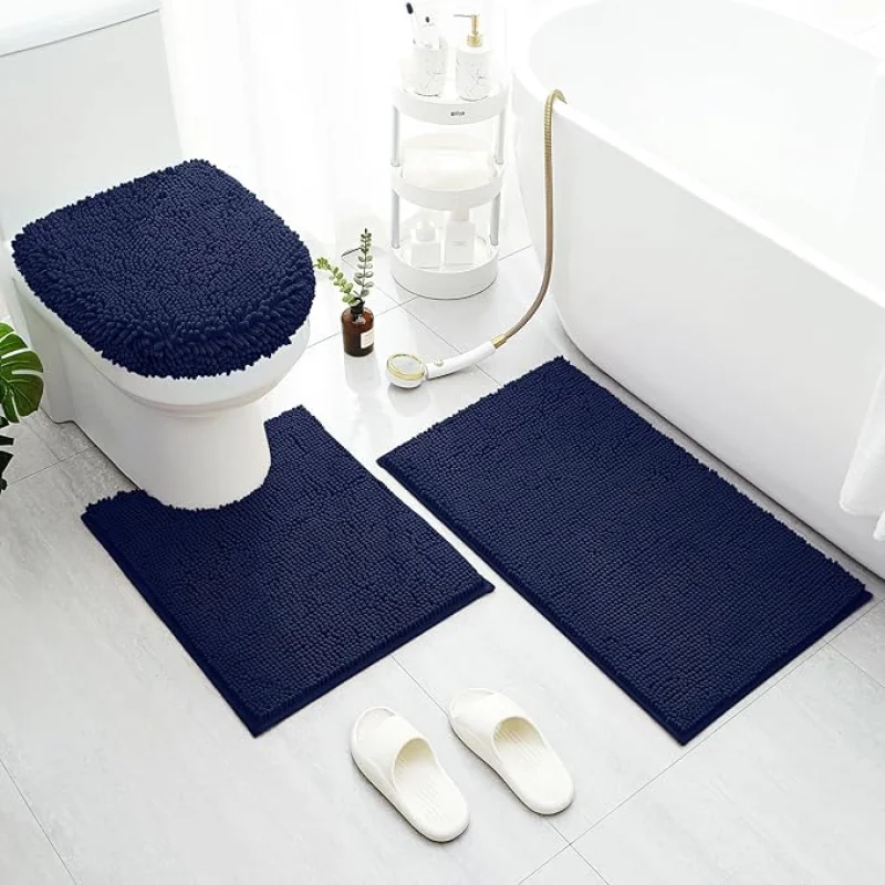 BYSURE Navy Blue Bathroom Rugs Sets 3 Piece with Toilet Lid Cover Non Slip Extra Absorbent Plush Chenille Soft Washable Bath Mats
