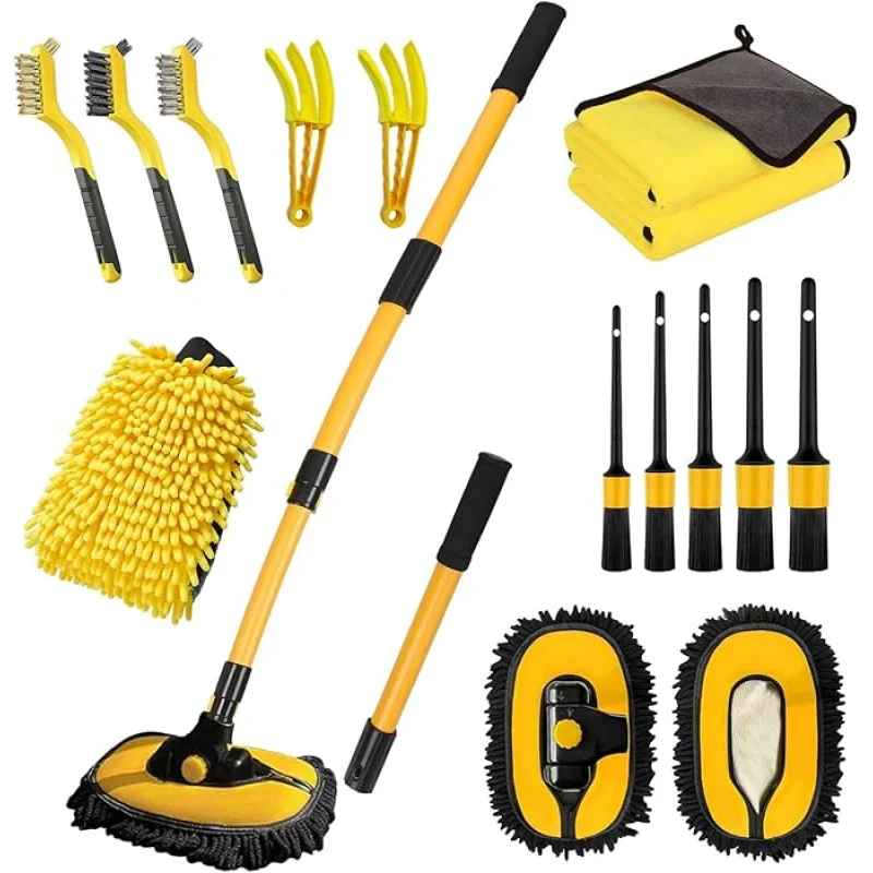 Car Wash Brush with Long Handle, 55 inch Car Wash Mop Car Wash Kit Mitt Retractable Bent Pole Car Wash Brush for Cars RV Truck Boat