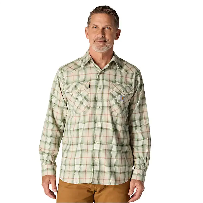 Carhartt Montana Rugged Flex Relaxed Fit Lightweight Long-Sleeve Snap-Front Plaid Shirt (Oat Milk) Size XL