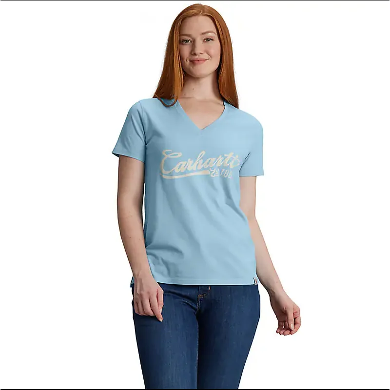 Carhartt Women's TENCEL Fiber Series Relaxed Fit Short-Sleeve Graphic V-Neck T-Shirt (Fresh Water) Size XXL