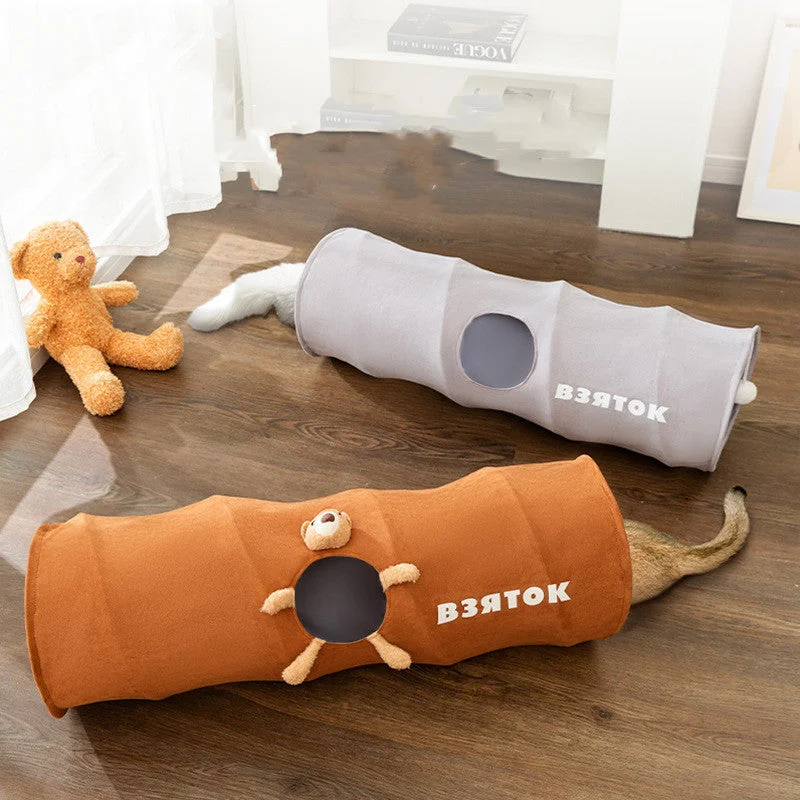 Cat Tunnel Toy with Foldable Design | Durable Polyester for Engaging Playtime Brown Bear Small Size