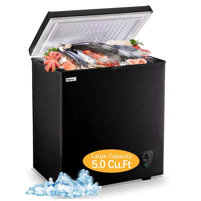Chest Freezer 5.0 Cu.Ft Black Compact Freezer, Manual Defrost Deep Freezer with Storage Basket, Space-Saving Flat Back, Stay-Open Lid, Side-Access Drain for Home Basement Cottage Business