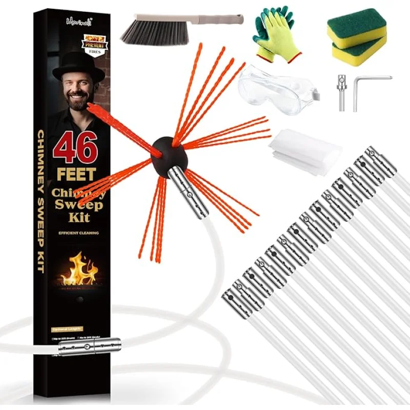 Chimney Sweep Kit - 46 Feet, Chrome Button Locking System, 14 Flexible Rods