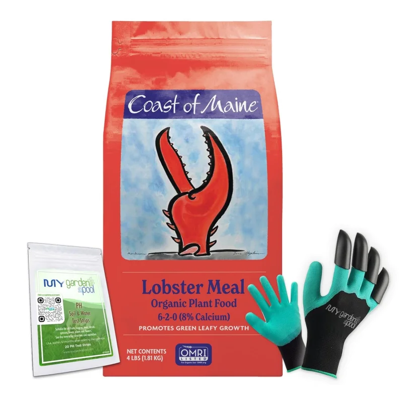 Coast of Maine LM6000 Lobster Meal Plant Food 4 LBNatural Organic Fertilizer with Calcium for Soil Health with My Garden Pool Soil Test Strips & Gardening Claw Gloves