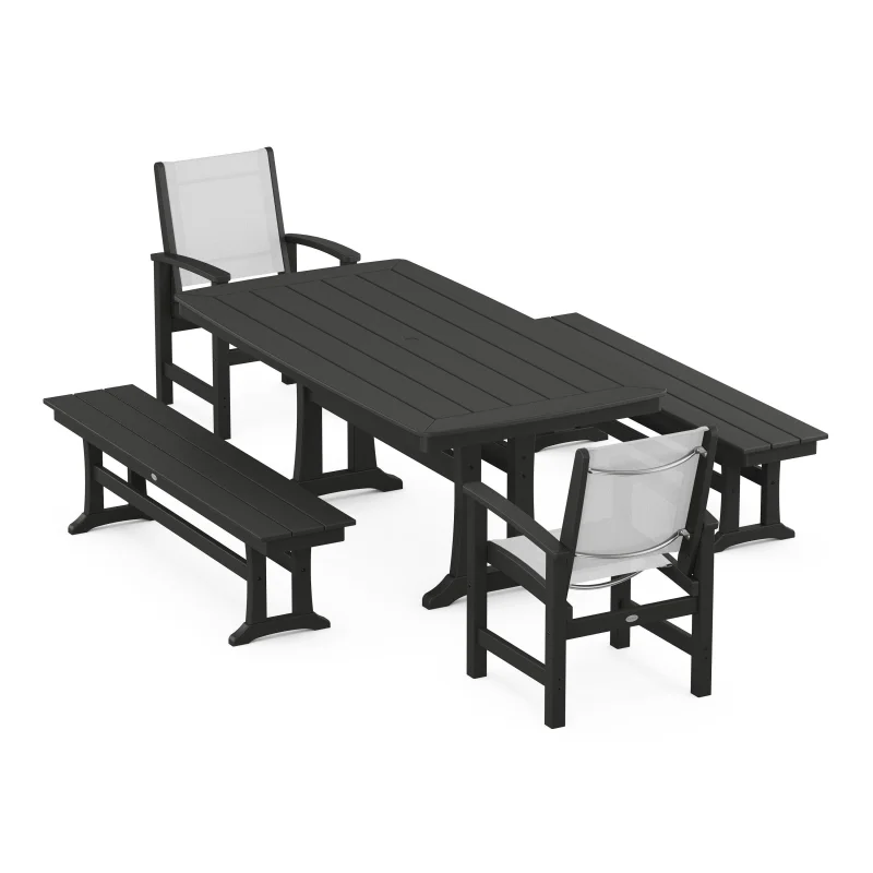 Coastal 5-Piece Dining Set with Trestle Legs and Benches Black
