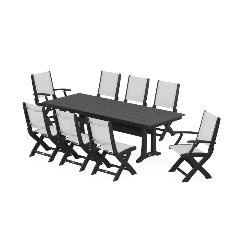 Coastal 9-Piece Folding Dining Chair Farmhouse Dining Set with Trestle Legs Black