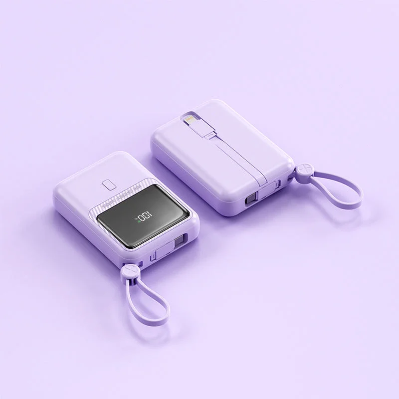 Compact Power Bank | Portable Charger with Integrated Cable & Digital Display | Convenient Solution for Mobile Devices Lilac
