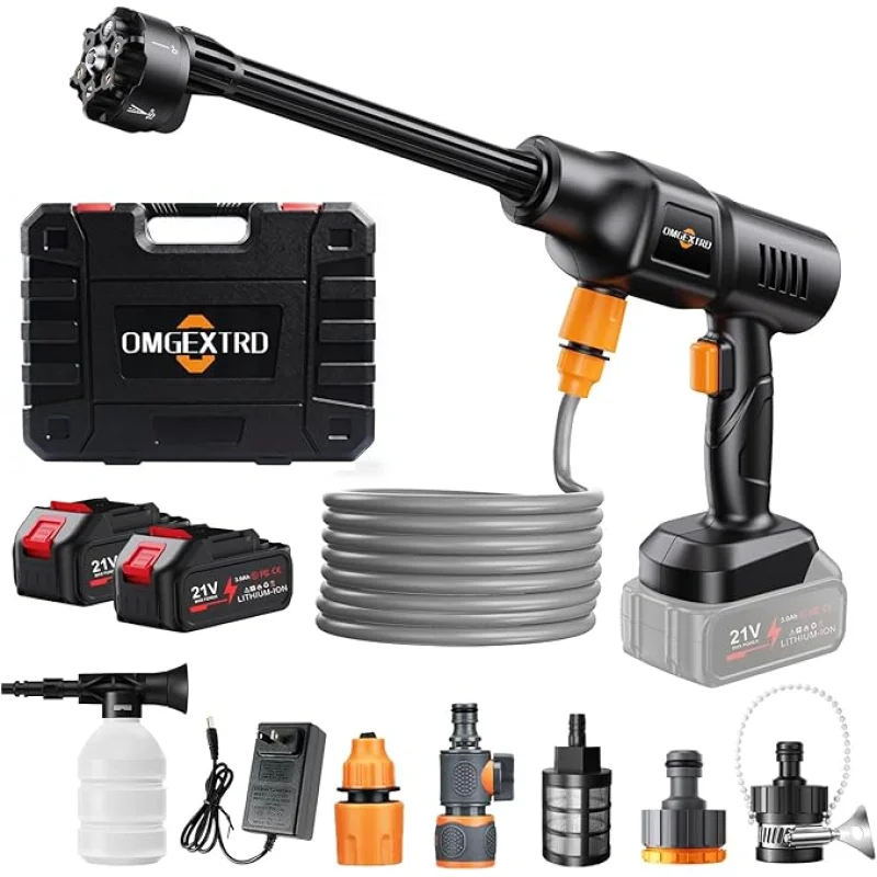 Cordless Car Washer, Portable Cleaning System with 3.0Ah Battery*2, 6-in-1 Nozzle, Foam Sprayer, 17FT Hose, Self-Priming for Car, Garden & Floor Cleaning