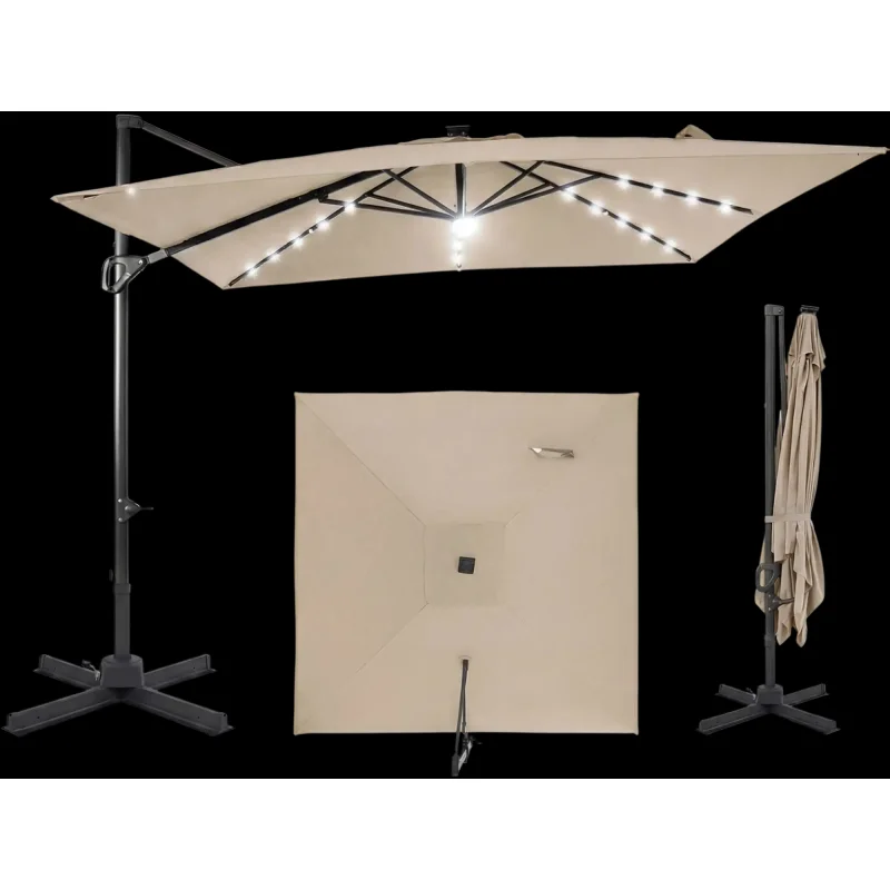 Costway 10' Cantilever Patio Umbrella Solar LED Lights Pool Garden 53498184 New Beige