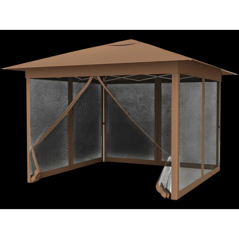 Costway 11.5' x 11.5' Pop-Up Canopy Gazebo w/ Mesh Screen Netting 29790301 New Brown