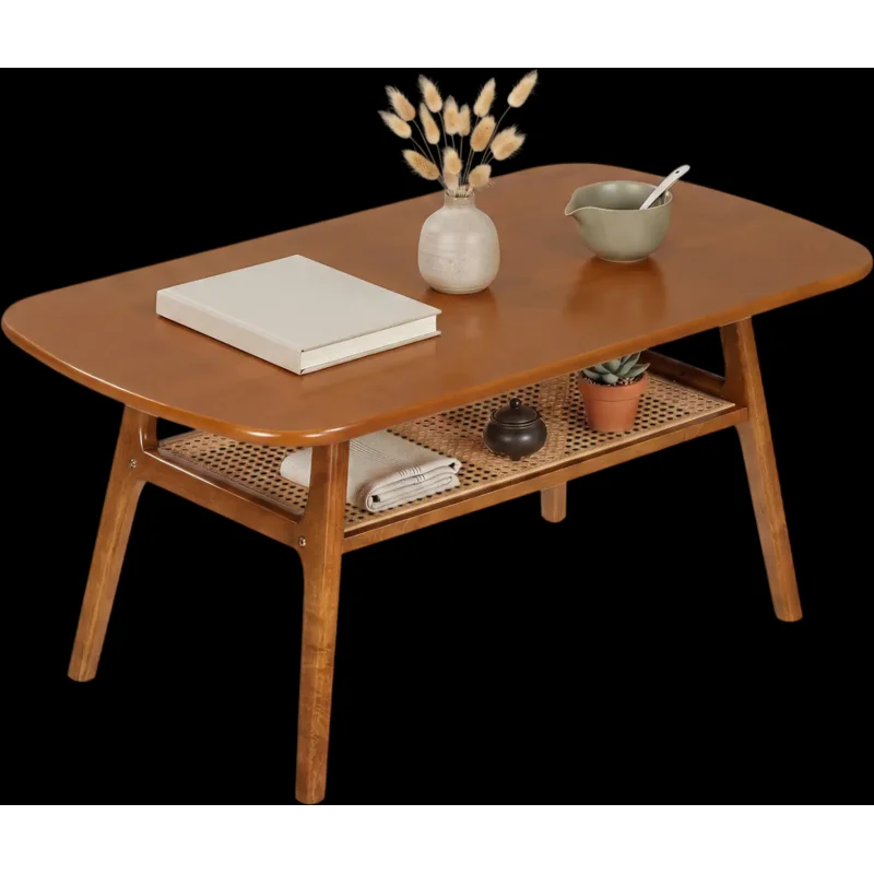 Costway 2-Tier Boho Rattan Coffee Table Rounded Corners 70100862 New Walnut