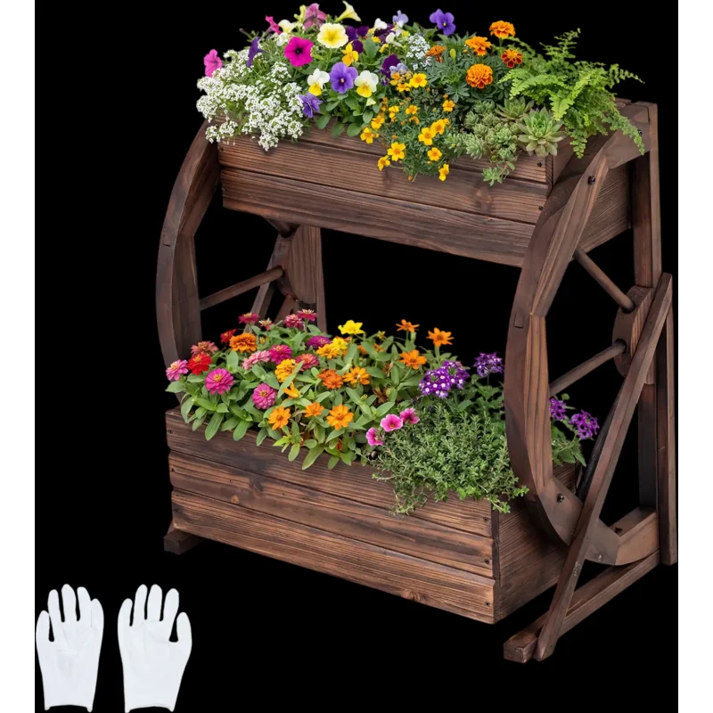 Costway 2-Tier Rustic Wood Wagon Raised Garden Bed Planter w/ Drainage Holes Semi-Wheels 33279822 New