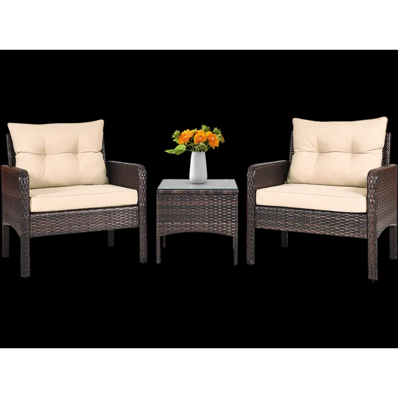 Costway 3-Pc Outdoor Patio Rattan Conversation Set w/ Seat Cushions 71840263 New Beige