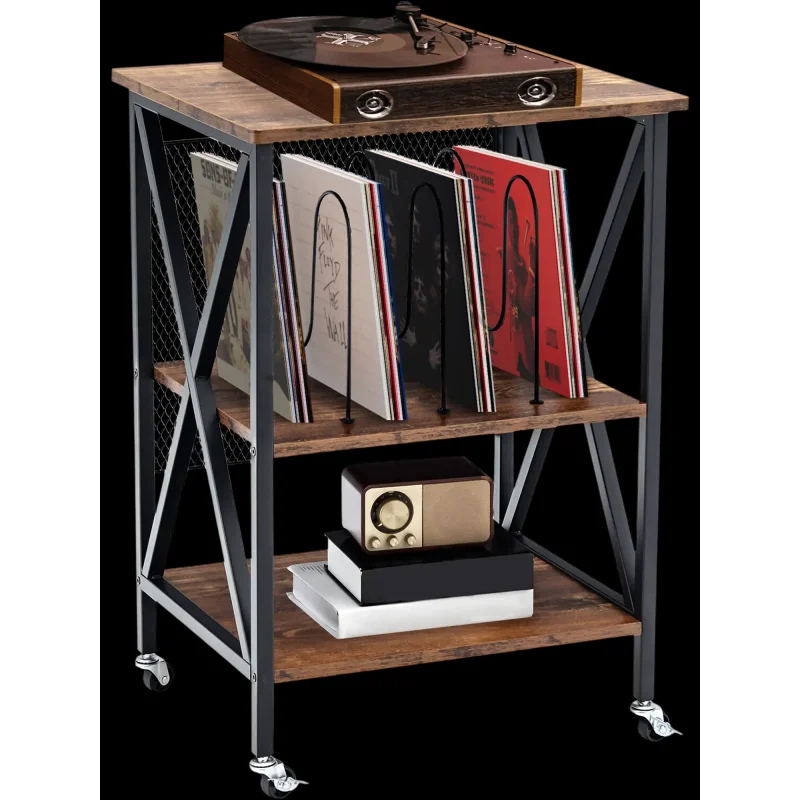 Costway 3-Tier Vintage Rolling End Table Record Player Stand Brown 15482639 New