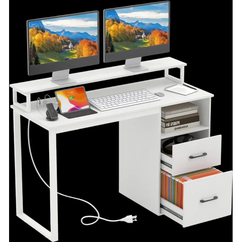 Costway 48" Modern Computer Desk w/ Power Outlets File Drawer 52191439 New