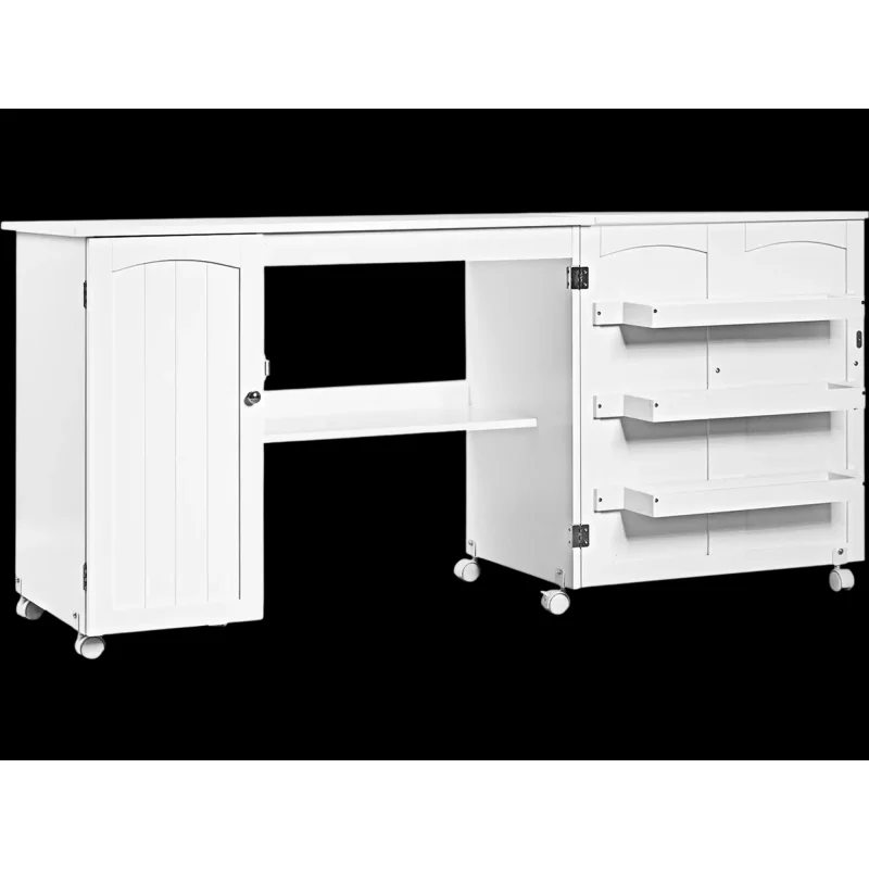 Costway Folding Sewing Table Storage Shelves Lockable Casters 48163950 New White
