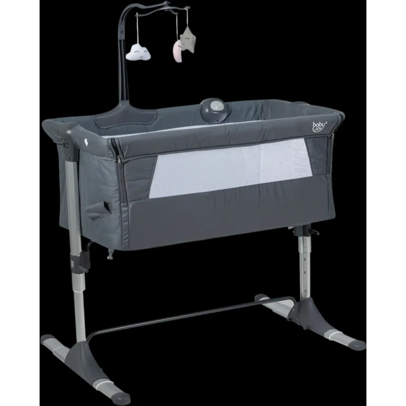 Costway Height Adjustable Baby Bedside Sleeper Crib w/ Music Box & Toys 24598607 New Dark Gray
