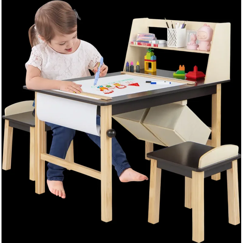Costway Kids Art Table & Chairs Set Paper Roll Storage Bins Coffee 56723841 New