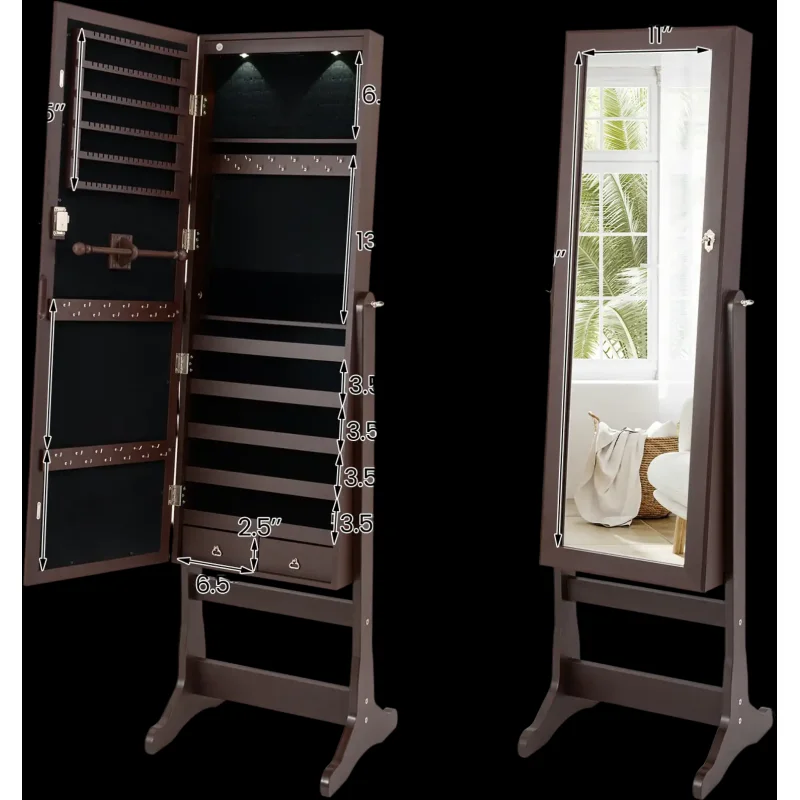Costway Lockable Mirrored Jewelry Cabinet w/ Stand & 2 LED Lights 05326841 New