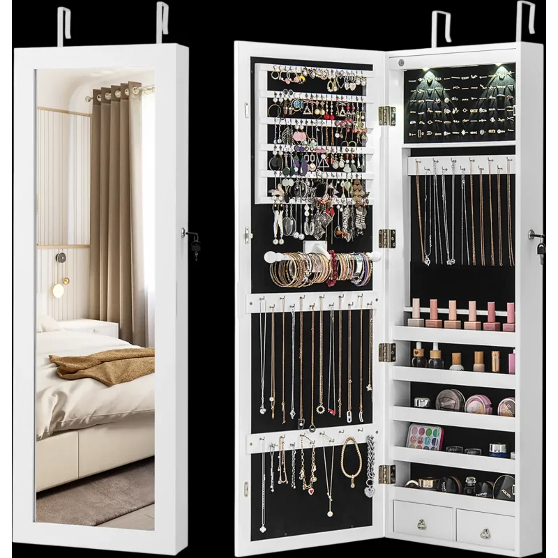 Costway Lockable Wall Mount Mirrored Jewelry Cabinet w/ LED Lights 08914573 New White