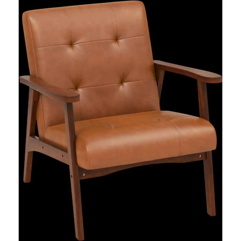 Costway Mid Century Accent Chair Leather Solid Rubber Wood Frame 96152734 New Light Brown